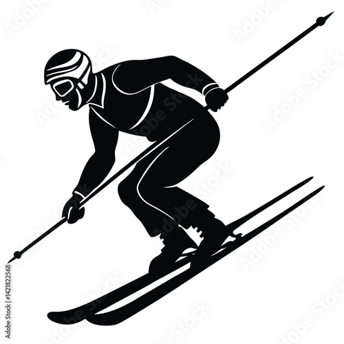 Silhouette of a Skier: Downhill Skiing Vector Graphic, Winter Sport Illustration, Black and White Clip Art, Skiing Athlete in Action