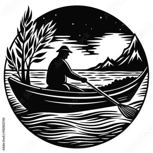 Woodcut Illustration of Man Rowing Boat on Lake at Night: Vintage Style Landscape with Mountains and Stars