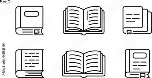 Clean book and reading-related line icons including open books, single pages, and textbooks ideal for educational interfaces and study content visuals