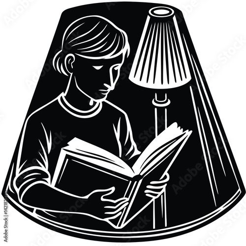 Woman Reading Book Under Lamp: Black and White Illustration of Reader, Book, and Light Source for Study or Relaxation