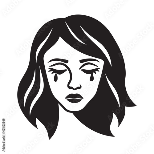 Crying woman face silhouette bold black and white vector illustration