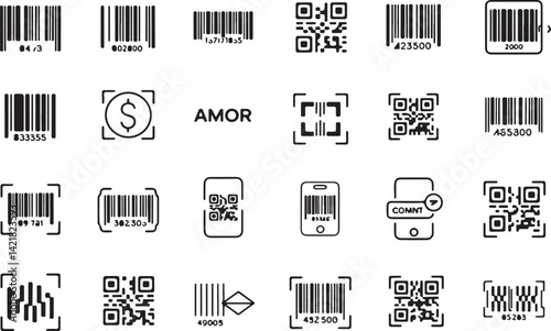 Barcode and QR code icon set in black outline style with various scan symbols and digital identifiers perfect for product labels and retail packaging visuals