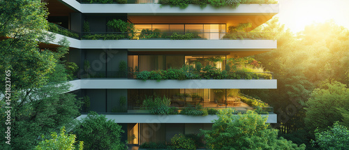 Modern business center with green balconies filled with lush plants, biophilic design, sustainable architecture, glass faced with natural light, eco-friendly materials, rooftop garden, open and airy 