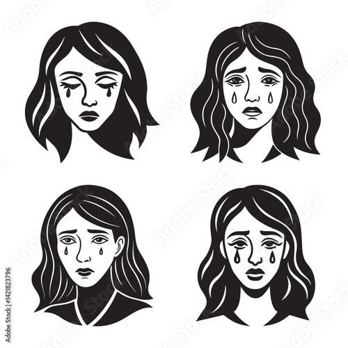 Grieving woman icon bold outline silhouette vector illustration
