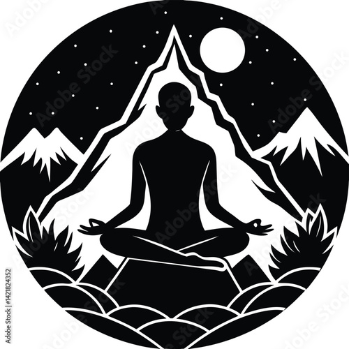 Meditation Silhouette in Mountain Landscape: Yoga, Nature, Spiritual Wellness, Vector Art, Black and White Illustration