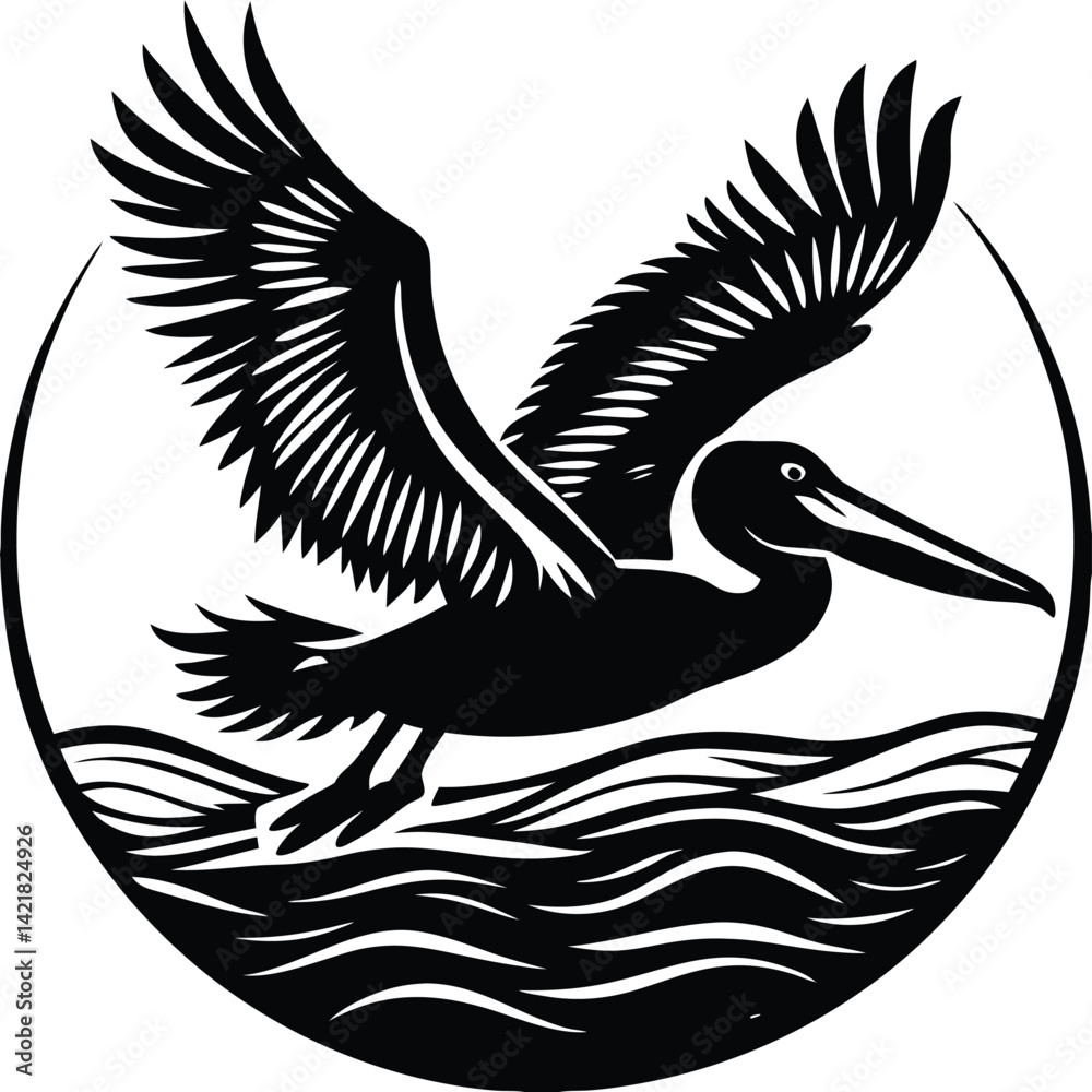 Obraz premium Black and White Pelican in Flight Vector Illustration: Bird Over Water Graphic, Wildlife Art, Coastal Design Element