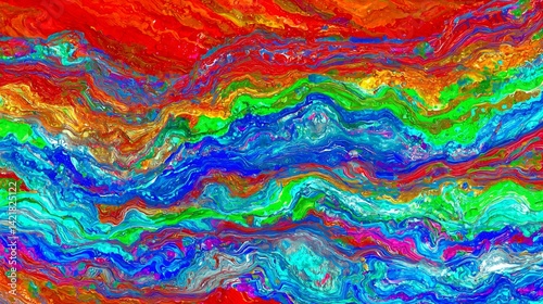 Vibrant and colorful abstract painting depicting nature inspired elements with a tropical paradise feel and dreamlike aesthetic surrounding