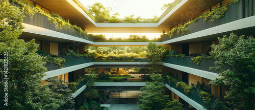 Modern business center with green balconies filled with lush plants, biophilic design, sustainable architecture, glass faced with natural light, eco-friendly materials, rooftop garden, open and airy 
