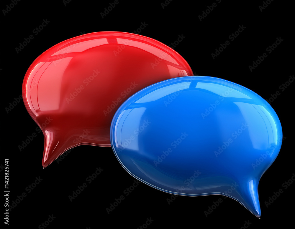 Red and blue glossy speech bubbles isolated on black background. Communication concept. Red and blue glossy speech bubbles isolated on black background. Communication concept.
