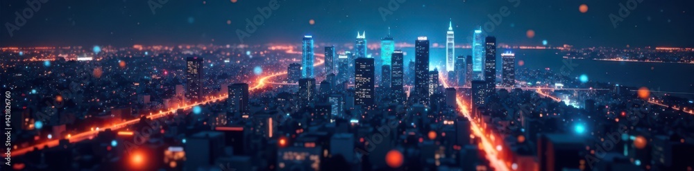 Fototapeta premium Night cityscape, complex financial graph overlay, glow, development, analytics