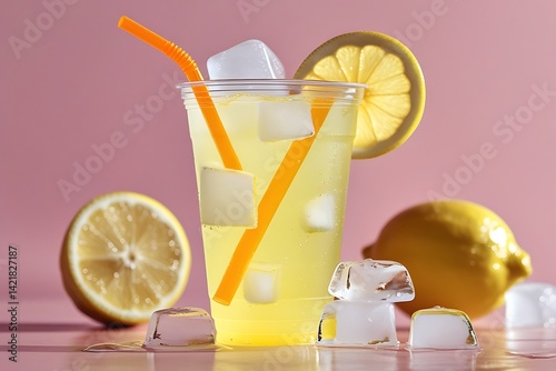 Refreshing lemonade, plastic cup, ice cubes, orange straw, lemon slice garnish, bright yellow drink, pastel pink background, soft lighting, vibrant colors, summer beverage, close-up photography, minim