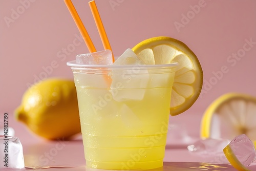 Refreshing lemonade, plastic cup, ice cubes, orange straw, lemon slice garnish, bright yellow drink, pastel pink background, soft lighting, vibrant colors, summer beverage, close-up photography, minim