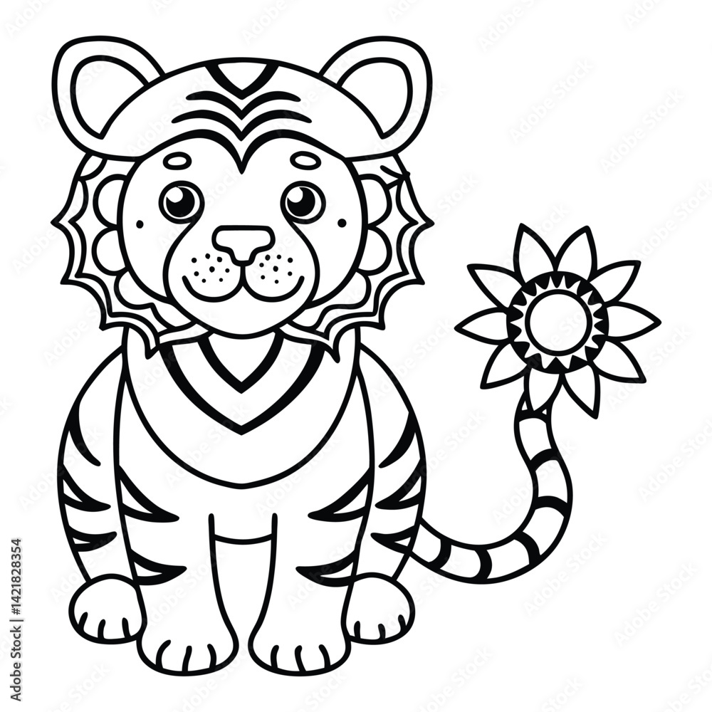 Fototapeta premium Cartoon tiger cub coloring page with sunflower tail illustration for children education