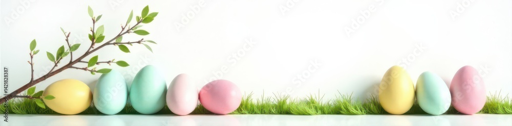 Softly colored eggs and a graceful willow branch create a peaceful Easter scene on a pure white backdrop , scene, spring