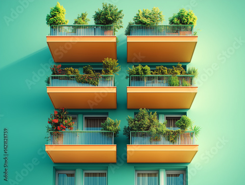 Art deco-inspired green building, symmetrical balconies with potted plants, elegant lines and modern sustainability