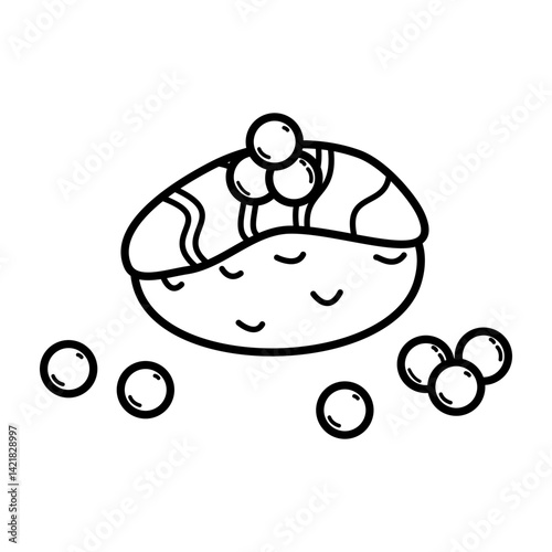 Raw salmon sashimi with salmon roe as dressing. Cute minimalist Salmon sushi and salmon roe doodle vector. Japanese oriental cuisine