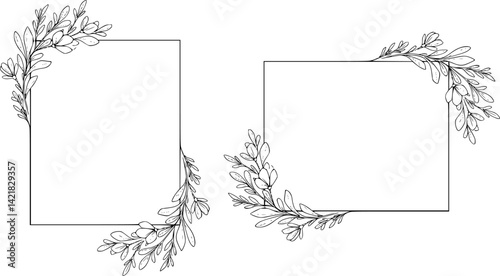 Hand drawn line floral frame, corner. Minimal botanical wedding border element. Set of wreath, magnolia flowers, eucalyptus leaf branches, tropical leaves, plant, wildflower. Elegant floral logo.