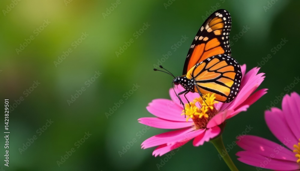 Vibrant monarch & swallowtail butterflies on pink , spring, illustration Vibrant monarch & swallowtail butterflies on pink , spring, illustration