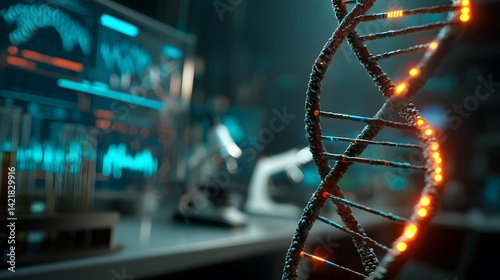DNA Helix in Laboratory: A captivating depiction of a DNA helix takes center stage in a state-of-the-art laboratory, surrounded by advanced scientific equipment.