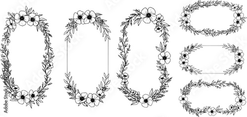 Collection of floral frames, borders and corners. Hand drawn botanical flowers elements in line art and silhouette style. Good for gift cards, invitations, menu, certificates and graphic design