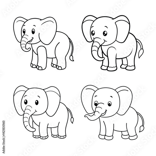 Cute cartoon elephant outlines collection for coloring books and educational resources set of four