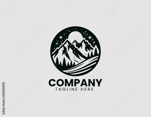 Majestic Snowy Mountains Silhouette Stylish Ski Slope Vector Logo Design