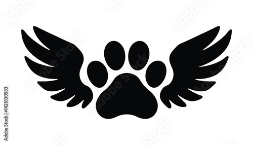 Winged Paw Print Silhouette Vector, Black Animal Memorial Icon for Pet Loss and Angel Tribute Designs