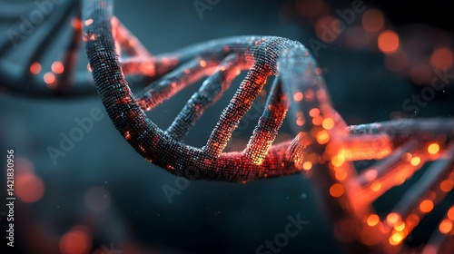 DNA Structure: An artistic close-up showcases the intricate double helix structure of DNA, glowing with a fiery, bio-tech aesthetic. A symbol of scientific and medical innovation.