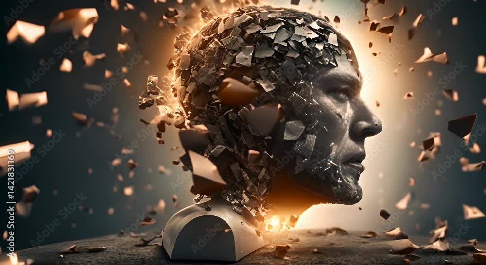 A dramatic scene of human thought disintegrating into pieces visualizing mental overload and emotional chaos 4K