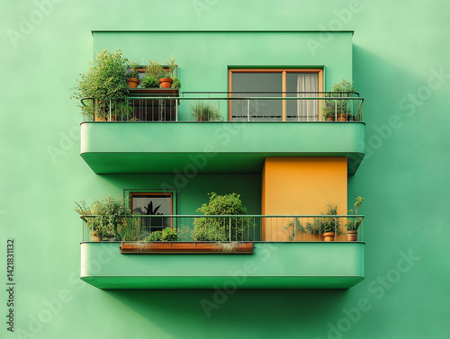 Art deco-inspired green building, symmetrical balconies with potted plants, elegant lines and modern sustainability