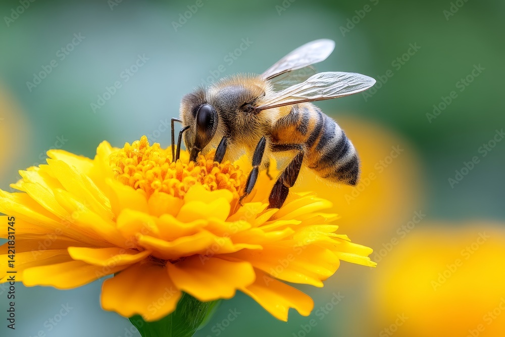 Honeybee on Yellow Flower - A close-up shot of a honeybee collecting pollen from a vibrant yellow flower. The bee's details are sharply in focus against a soft green background Honeybee on Yellow Flower - A close-up shot of a honeybee collecting pollen from a vibrant yellow flower. The bee's details are sharply in focus against a soft green background