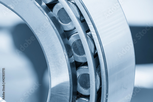 Close up scene the cylindrical rolling bearing parts in the light blue scene.