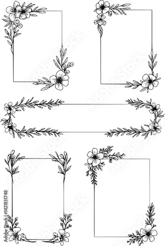 Collection of floral frames, borders and corners. Hand drawn botanical flowers elements in line art and silhouette style. Good for gift cards, invitations, menu, certificates and graphic design