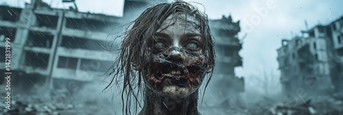 Post apocalyptic scene featuring a terrifying, infected zombie woman emerging from the rubble of a destroyed city amidst a rain storm, embodying horror and survival themes