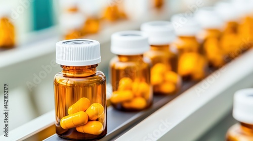 A close-up view of amber pill bottles filled with yellow capsules, conveying a pharmaceutical manufacturing process on a conveyor belt.