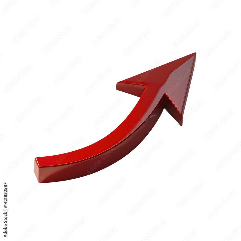A glossy red arrow curving upwards and pointing to the upper right on a black background space for text A glossy red arrow curving upwards and pointing to the upper right on a black background space for text