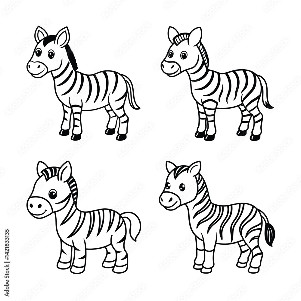 Obraz premium Cute cartoon zebra collection black and white line art animals for children coloring pages