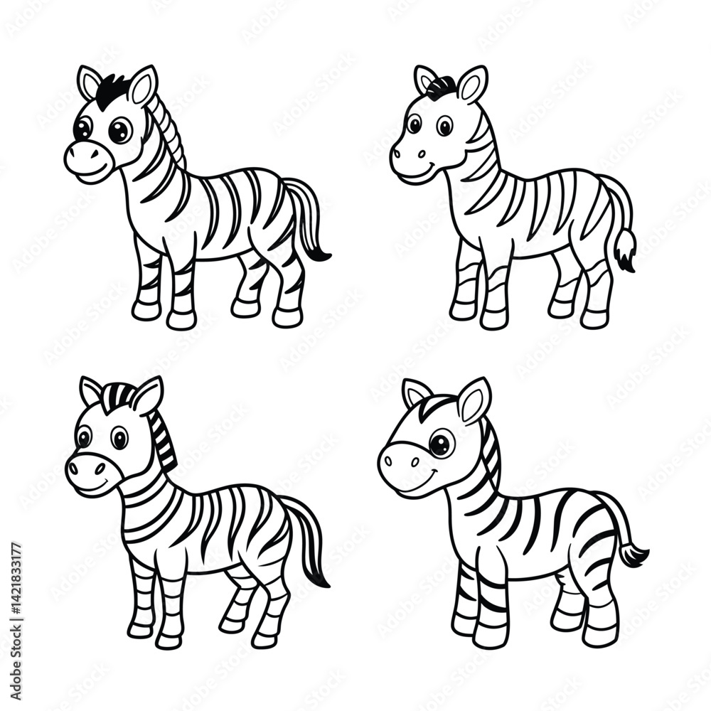 Obraz premium Cute cartoon zebra set outlines for coloring or design projects animal illustration