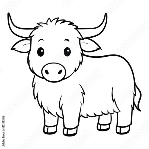 Cute cartoon yak outline vector illustration for coloring books and educational materials