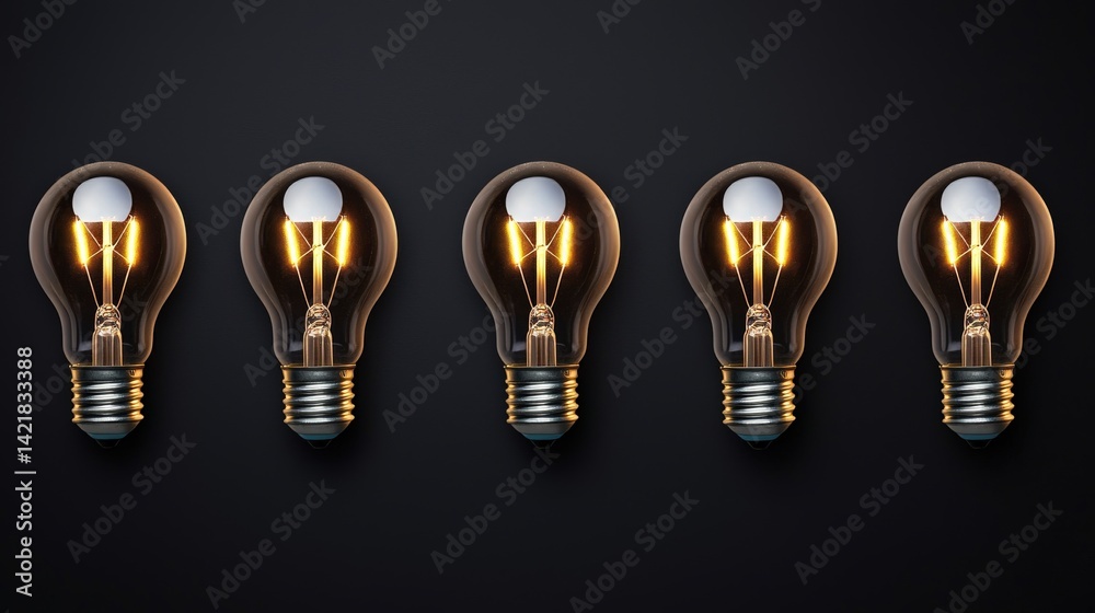 A row of illuminated light bulbs against a dark background, showcasing a warm glow and a vintage design, emphasizing light and innovation.