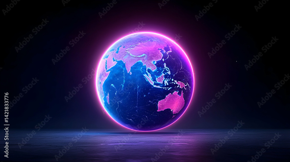 Glowing Digital Earth Globe with Neon Lights Glowing Digital Earth Globe with Neon Lights