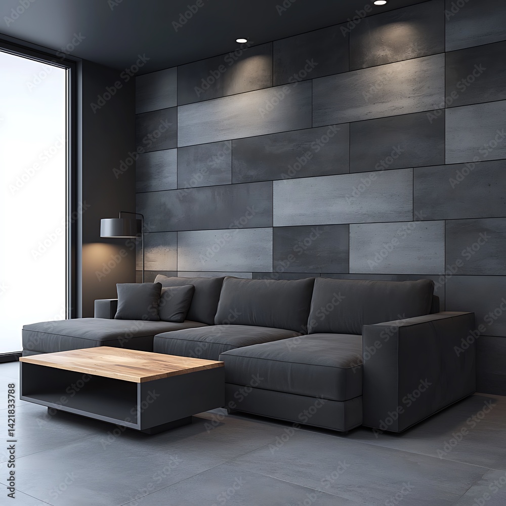 Modern Living Room with Gray Sofa, Wood Coffee Table, and Textured Wall for Minimalist Design Inspiration.
