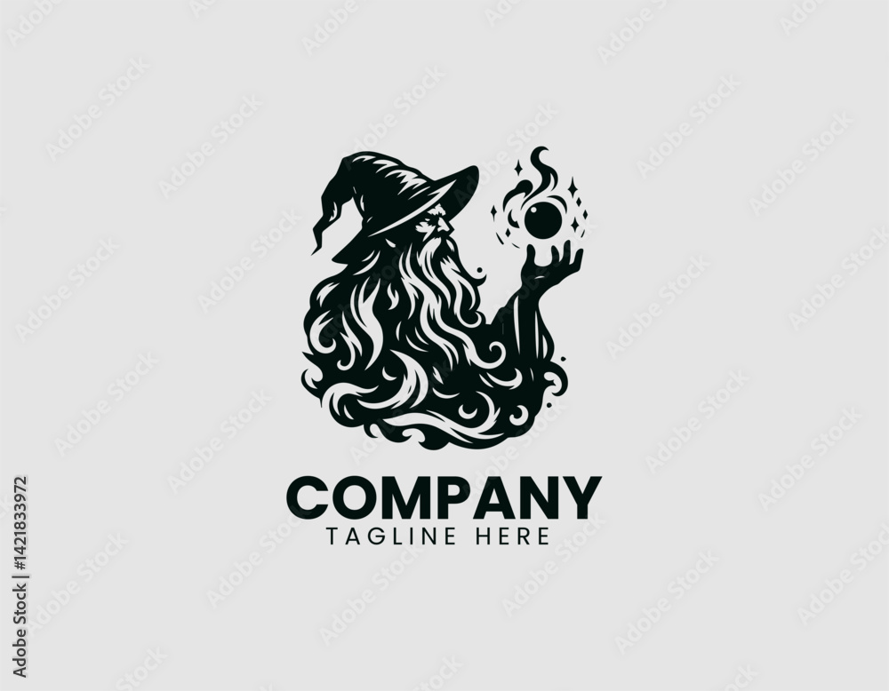 Fototapeta premium Mystical Old Witch Silhouette Long Beard Spell Stars Vector Logo Design