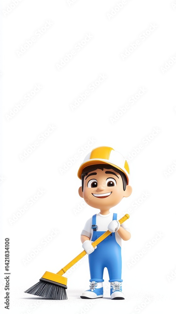 A cheerful cartoon character in work attire holds a broom, ready to clean. The background is simple and bright, emphasizing the character's friendly demeanor. A cheerful cartoon character in work attire holds a broom, ready to clean. The background is simple and bright, emphasizing the character's friendly demeanor.