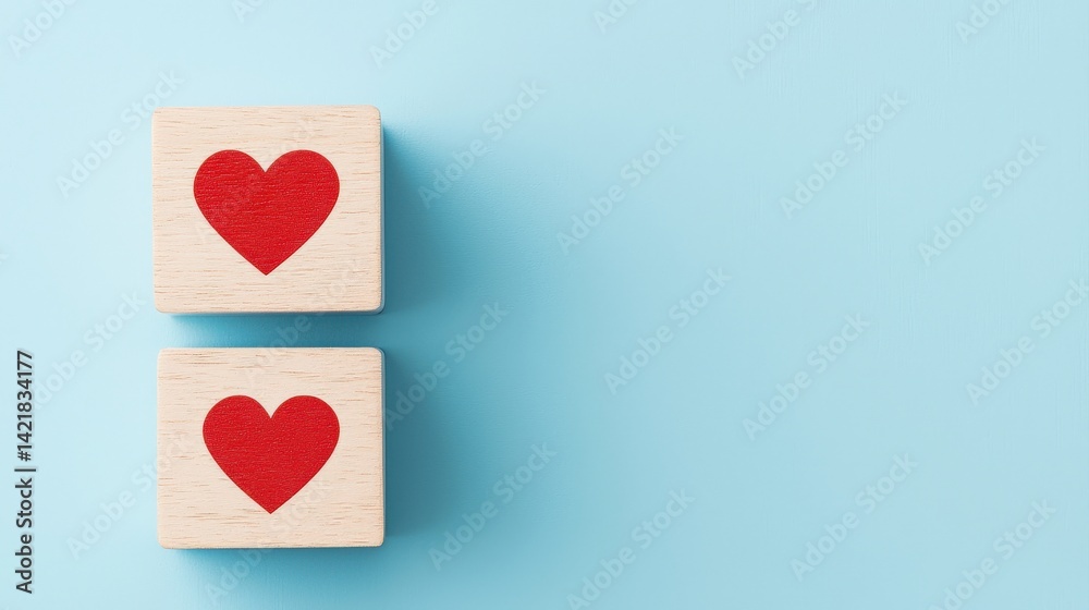 Two wooden blocks with red heart symbols on a light blue background, conveying love and affection. Two wooden blocks with red heart symbols on a light blue background, conveying love and affection.