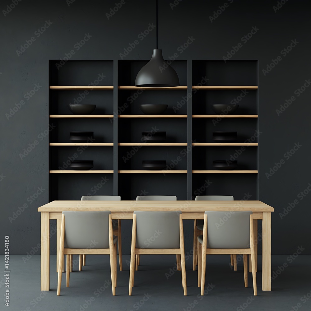 Minimalist dining area featuring a light wood table, modern chairs, shelving with dinnerware, and ambient lighting.