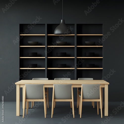 Obraz na płótnie Minimalist dining area featuring a light wood table, modern chairs, shelving with dinnerware, and ambient lighting. w salonie