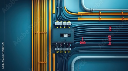 A vibrant display of industrial wiring and control panels, showcasing a structured arrangement of colorful cables against a blue wall.