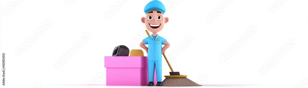 A cheerful cartoon character in a blue uniform stands beside a pink box and holds a broom, symbolizing cleanliness and maintenance. A cheerful cartoon character in a blue uniform stands beside a pink box and holds a broom, symbolizing cleanliness and maintenance.