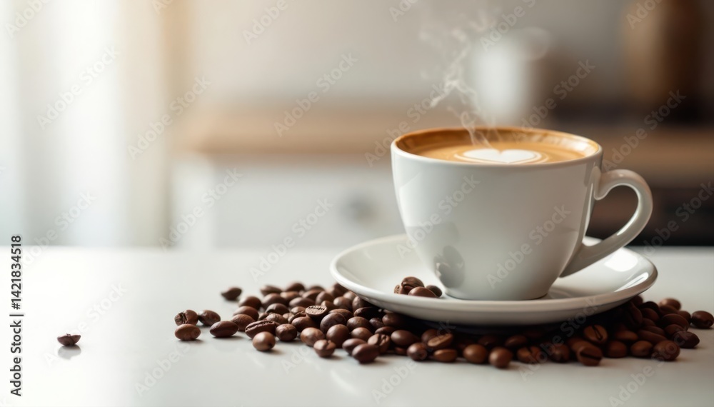 Fototapeta premium Steaming espresso, coffee beans beside it on pristine white background , caffeinated, brown, rich